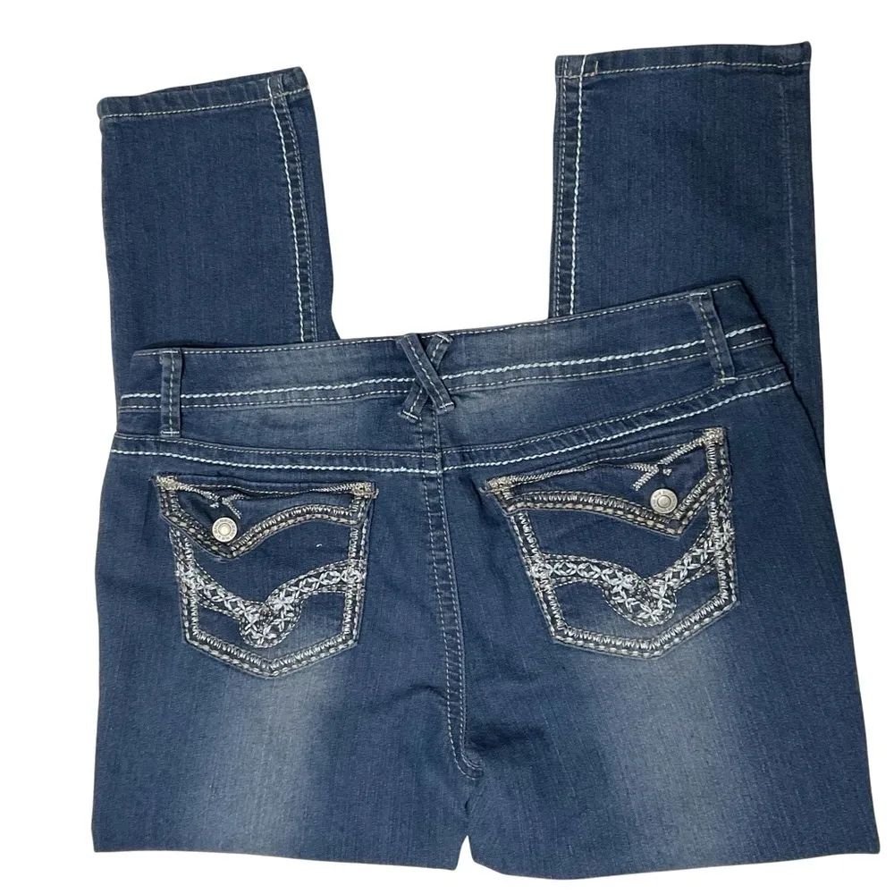 Rue21 Jeans Womens 9 Y2K Blue Skinny Ankle Low Rise Embroidered‎ Western Stretch - Image 4