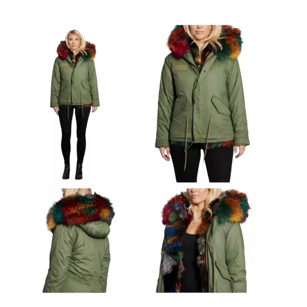 Popski Olive Green Bomber Jacket Rainbow Faux Fur Trim Multicolor Lining Women M Size 6 - Image 4