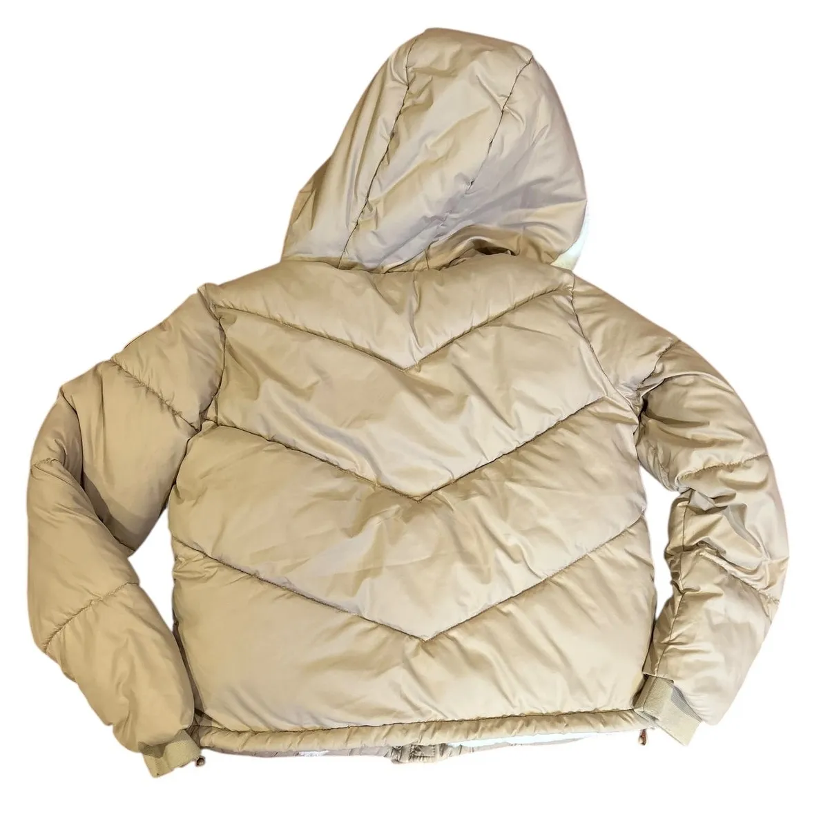 NWOT HOLLISTER Beige Faux Fur Lined Zip Up Cropped Quilted Puffer Jacket LARGE - Image 2