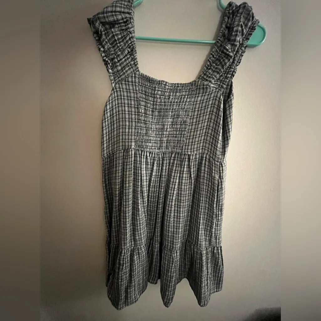 Old Navy Green and White Checkered Puff Sleeve Dress - Image 2