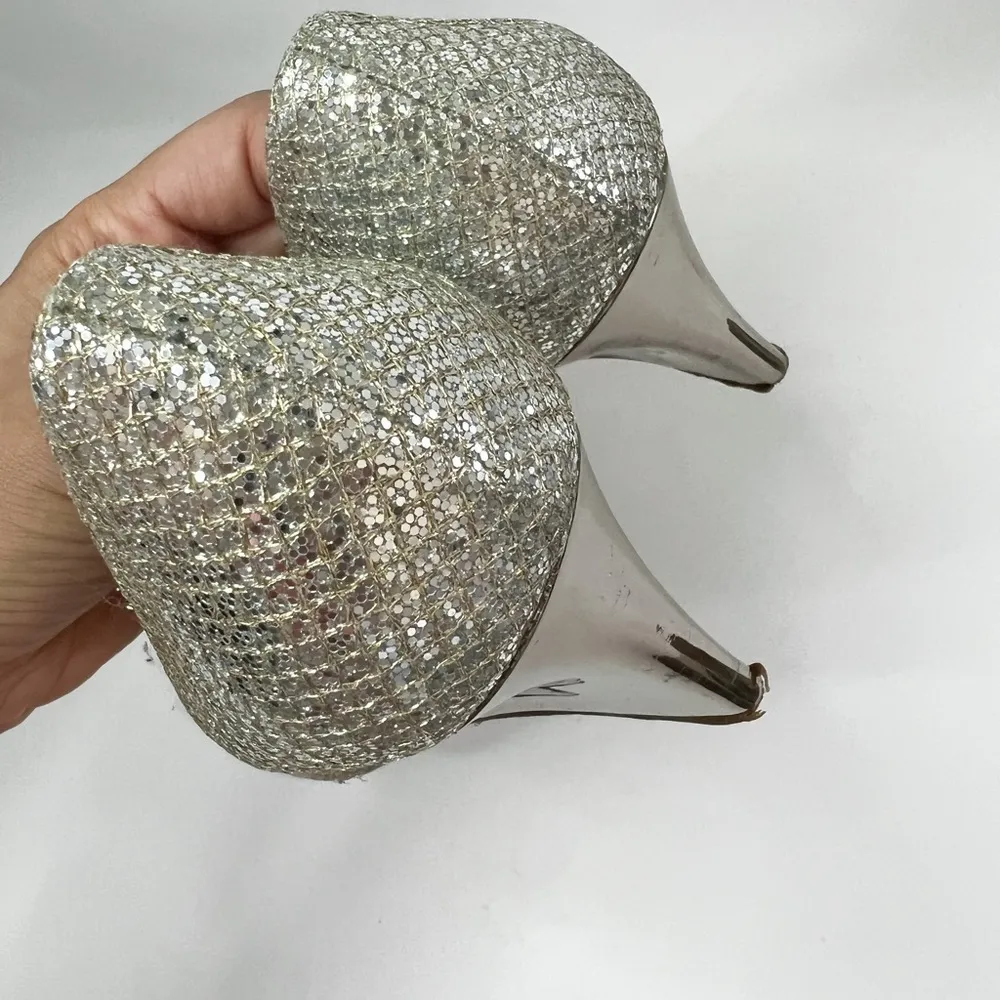 JIMMY CHOO Metallic Champagne Glitter Baxen Peep Toe Wedge 39.5 - Image 5