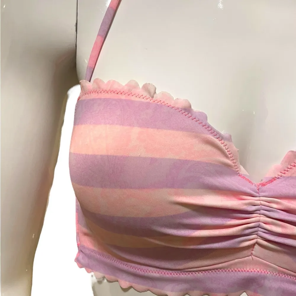 Victoria's Secret Striped Pastel Pink Peach Ruffle Halter Bra 34B Y2K - Image 5