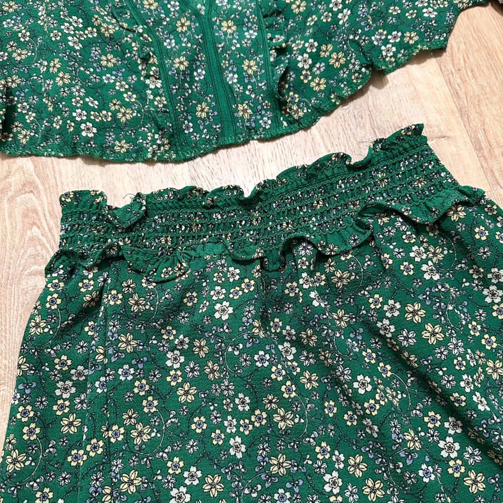 MAX STUDIO | Green Floral Print Ruffle Crop Top & Midi Skirt Two Pierce Set,  M - Image 6