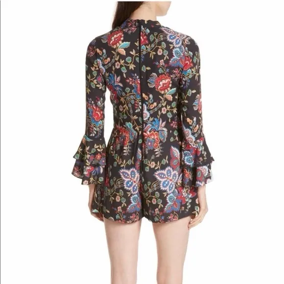 Alice & Olivia Macall Gloria Tapestry black floral bell sleeve romper size small - Image 3