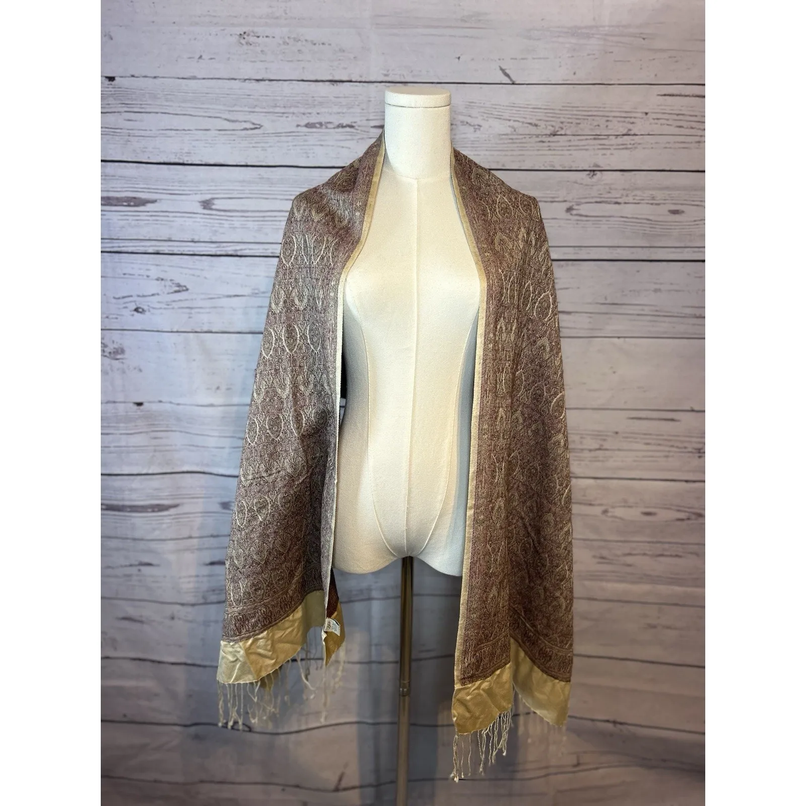 J.Jill Boho Fringe Wool Silk Blend Scarf Made in India Brown Gold 72x19 - Image 2