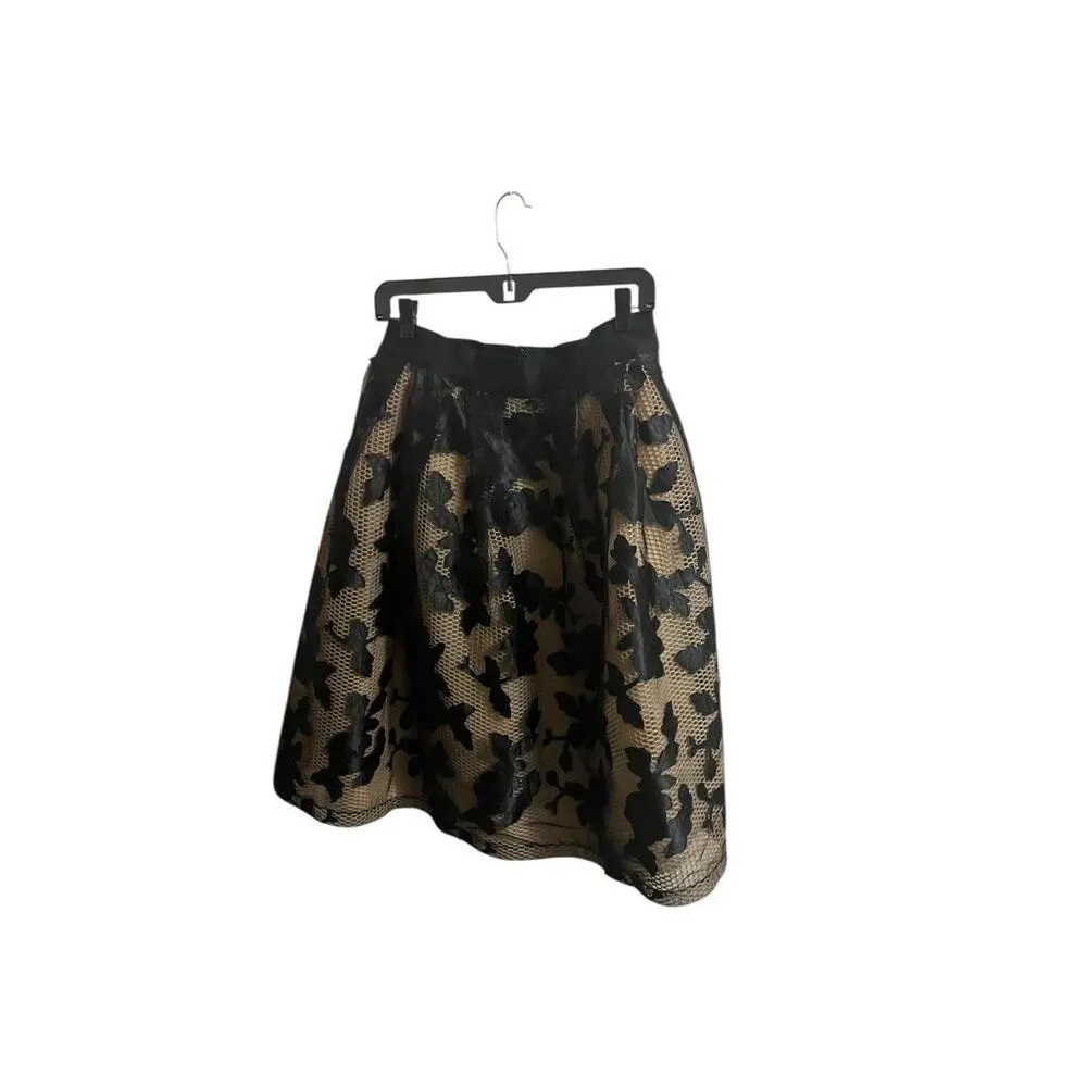 Gracia Skirt Womens Large Black Beige Aline Knee Length Embroidered Floral Mesh - Image 3