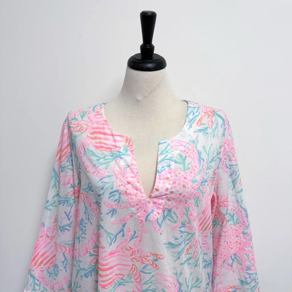 Lilly Pulitzer White Pink Amelia Island Getting Steamy Crabs Notch V Tunic XL - Image 2