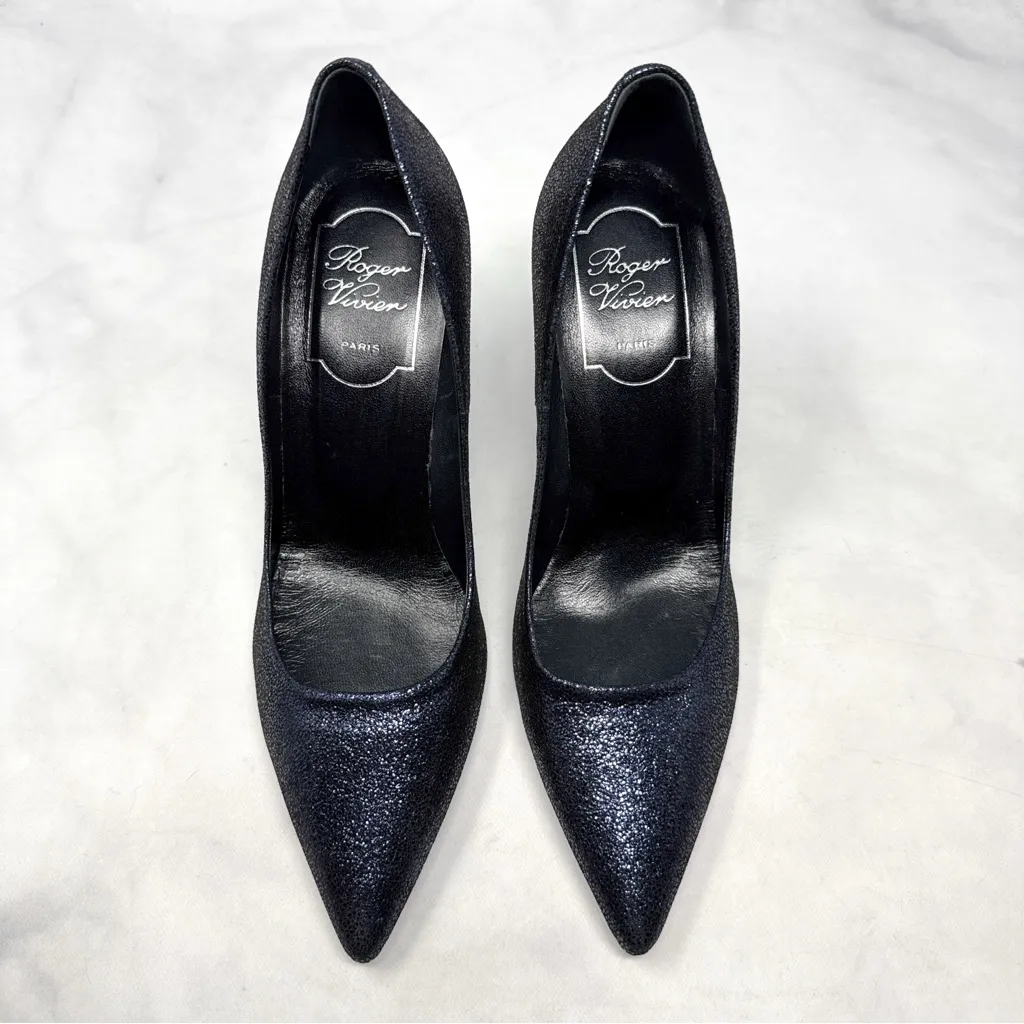 NEW Roger Vivier Metallic Leather Pointed Toe Mid Height Heel Pumps Navy Glam 35 Blue Size undefined - Image 2