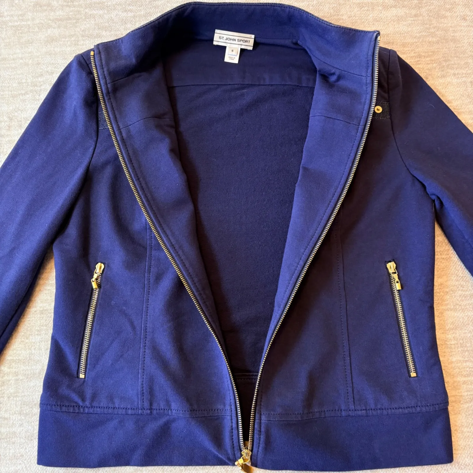 St. John Sport Collection Navy Blue Denim Trim Gold Small Button Jacket Womens - Image 9