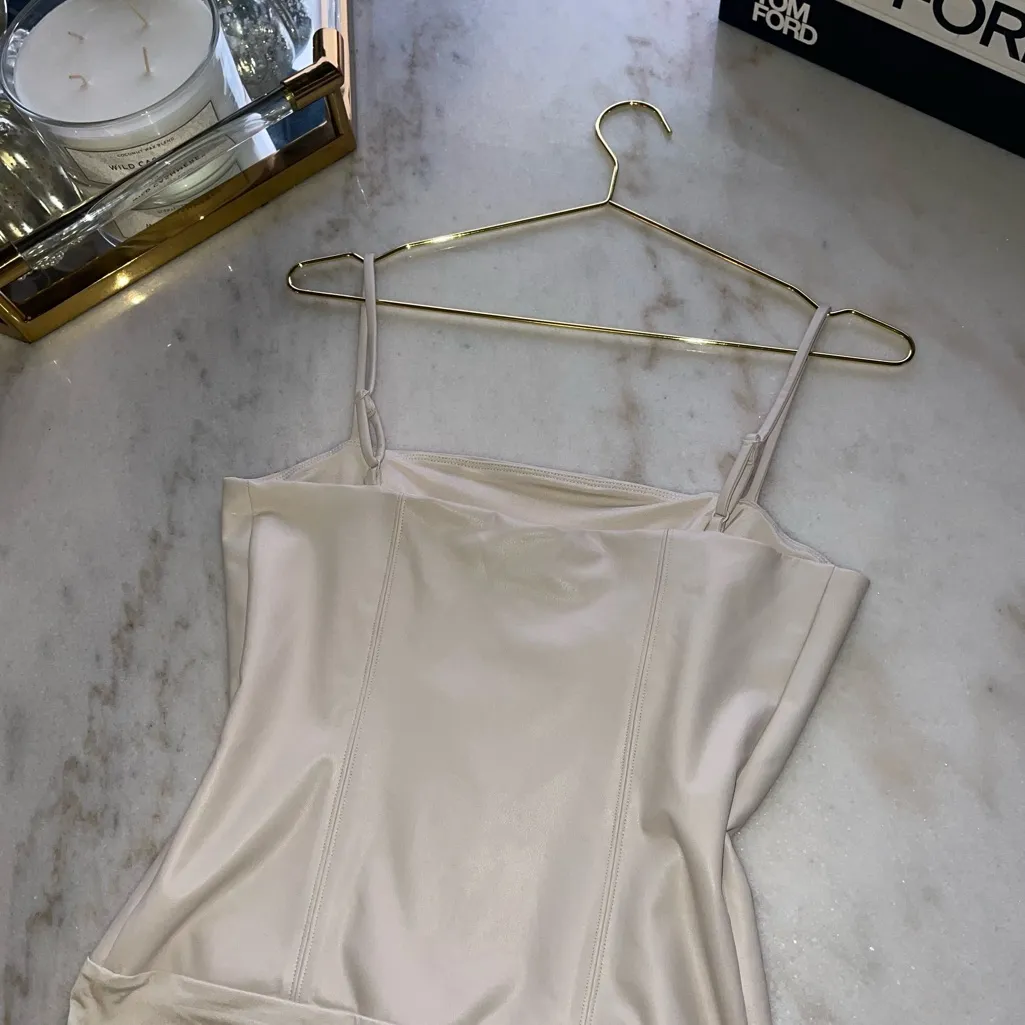 Express Body Contour Faux Leather Cami Bodysuit in Sandshell 2610 - Image 10