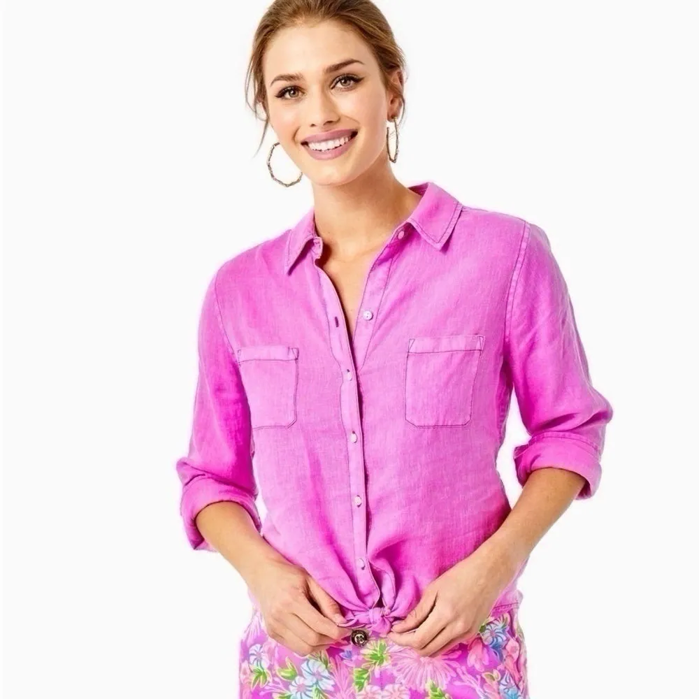NEW Lilly Pulitzer Sea View Linen Button Down Top Amethyst Shirt XXS - Image 2