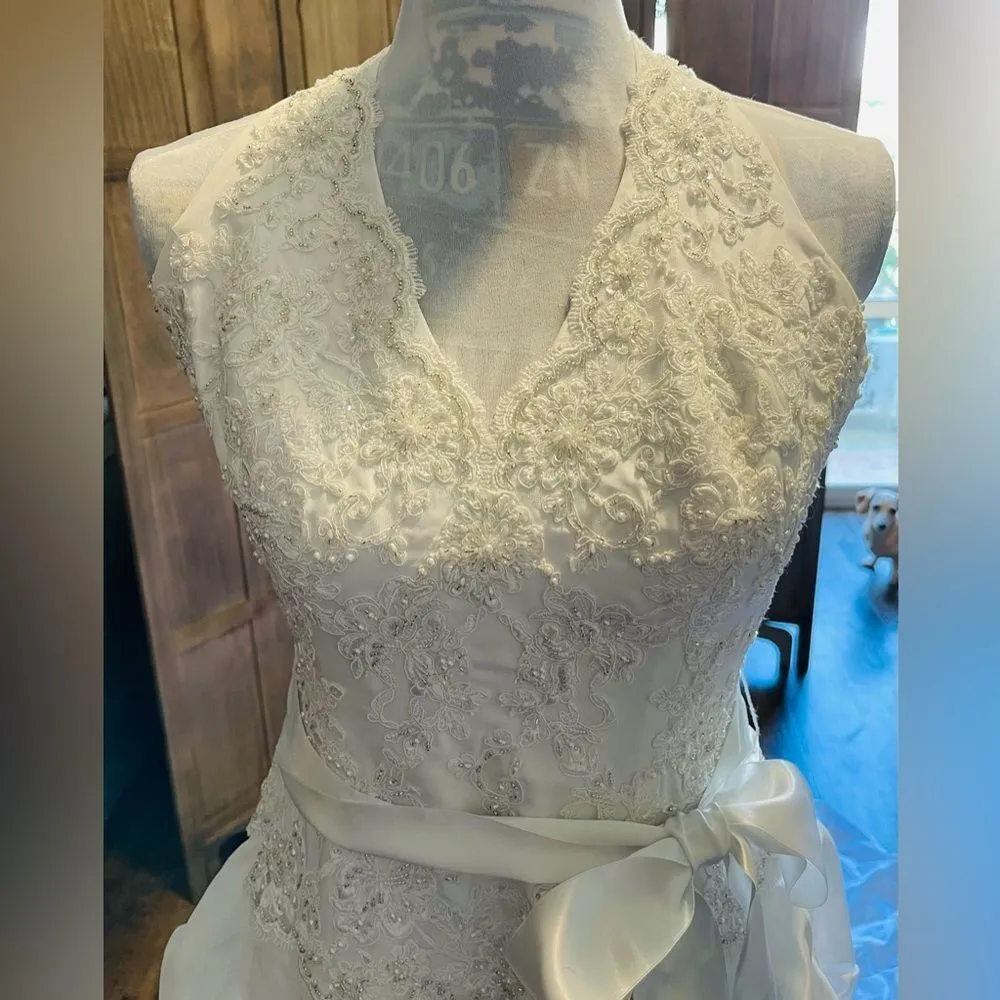 Candlelight White Satin Halter Poufy Ruched Wedding Gown with Train. - Image 3