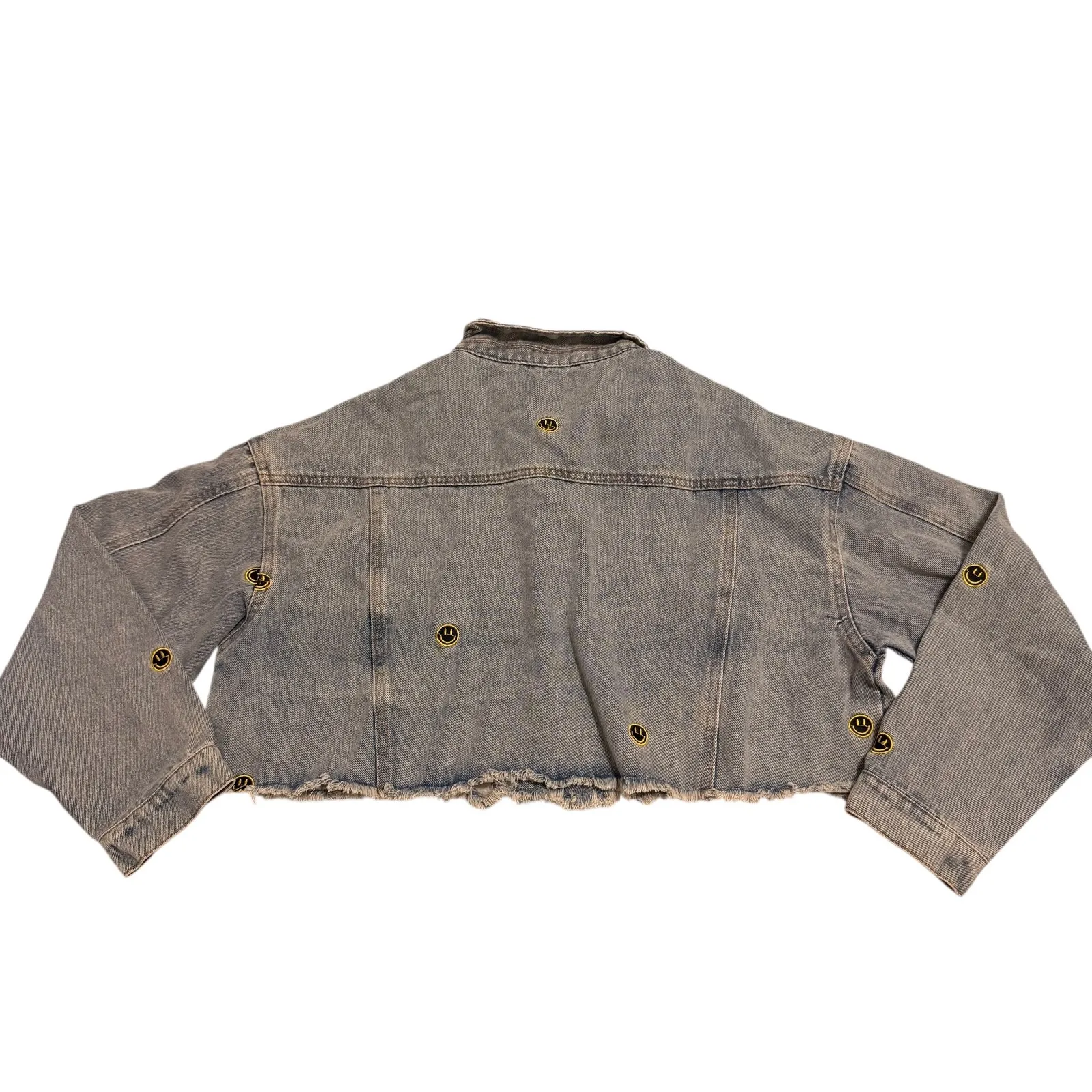 Cloud Ten Women's Size M Smiley Face Patch Cropped Denim Jean Jacket Grunge - Image 7