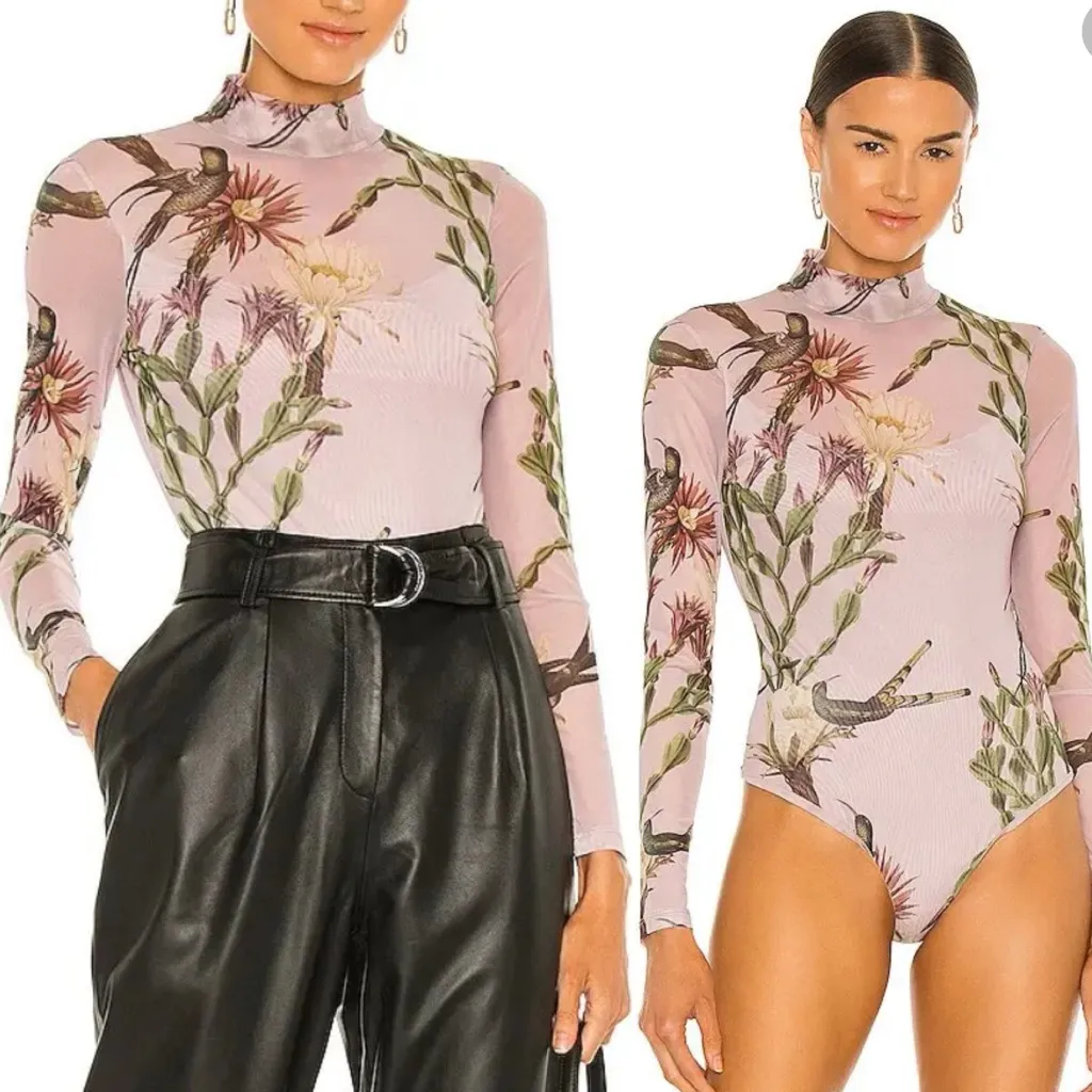 All Saints Nolina Elia Bodysuit Plaster Pink Bird Floral Print Mesh - Image 6