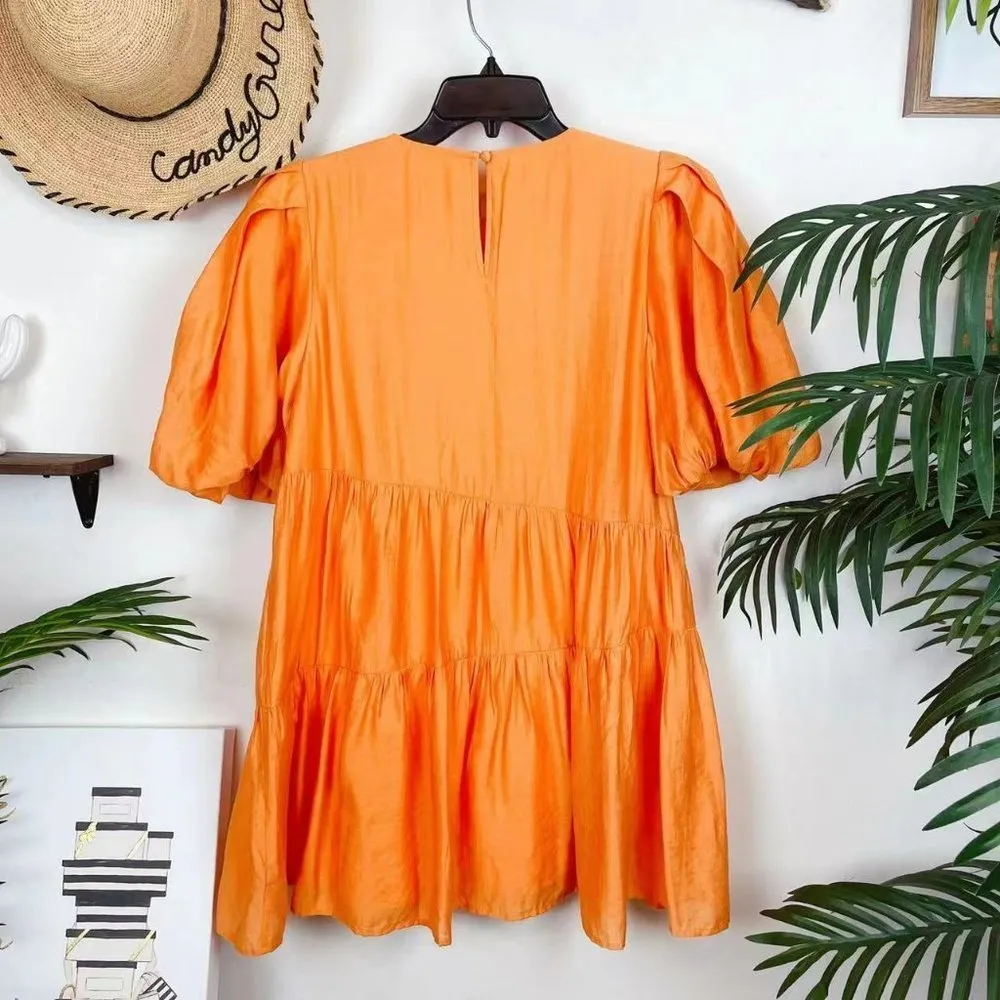 Moon River  Bubble Sleeve Tiered Mini Dress in Orange - Image 5