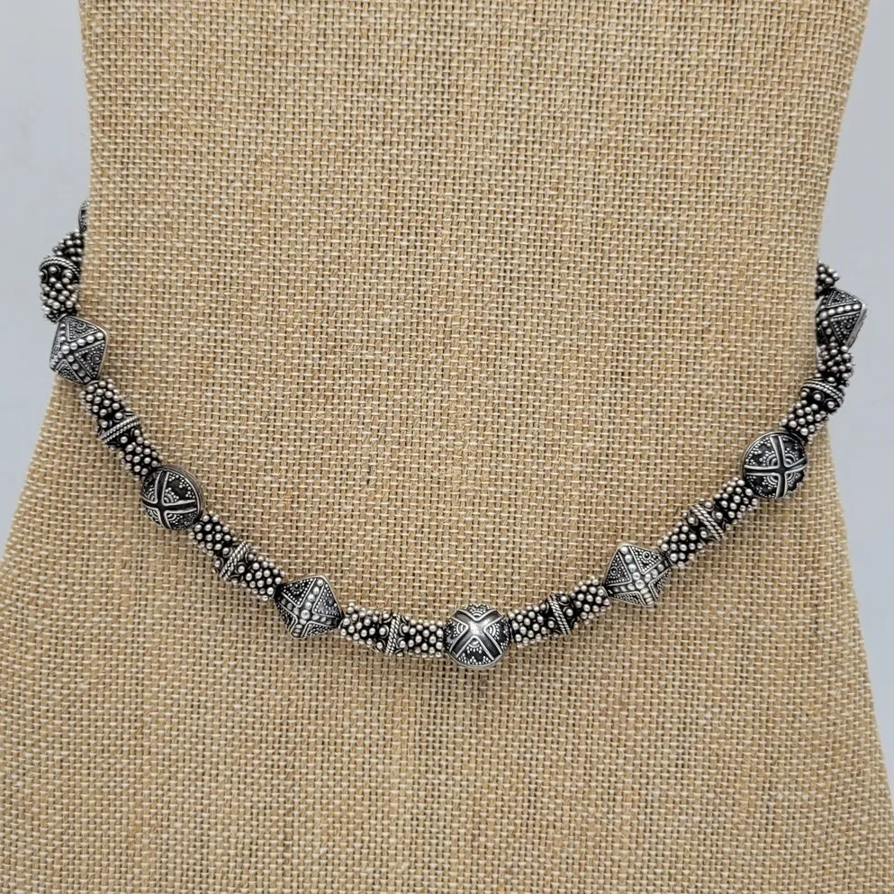 Vintage 925 Granulated Silver Bead Necklace 17" Heavy Gem Stone Toggle‎ Handmade - Image 5