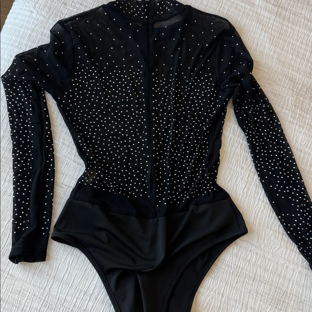 Black Long Sleeve Bodysuit with Rhinestones - Image 2