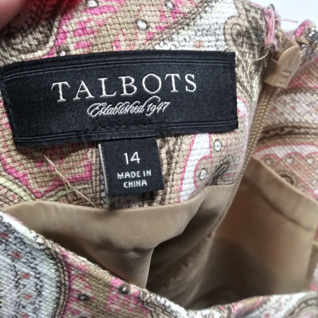Talbots Cotton Straight Pencil Short Skirt Medallion Print Tan Pink Size 14 - Image 6