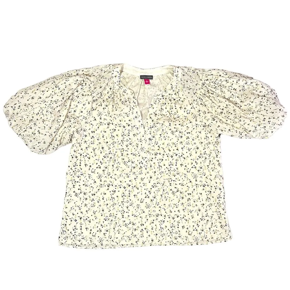 Vince Camuto SMALL Cream Floral Print Puffy Elastic Sleeve Split Neck Blouse - Image 12