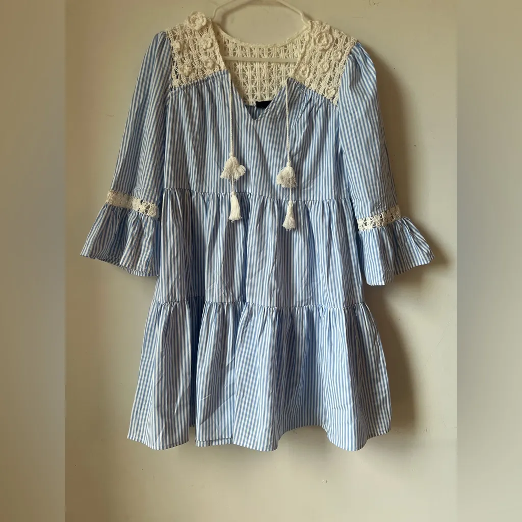 AQUA Blue White Stripe Crochet Lace Boho Tiered Dress Tassel Tie Size M - Image 2