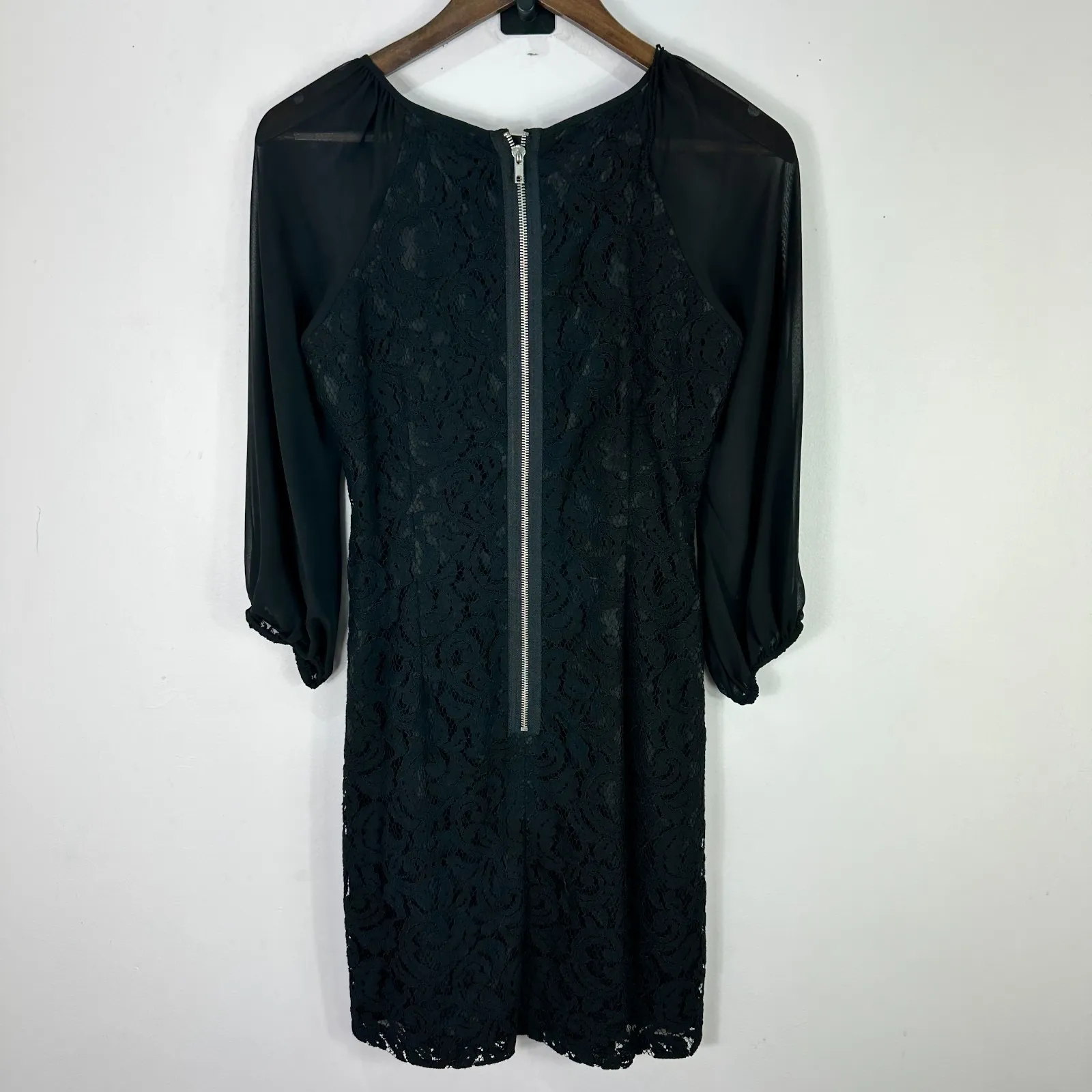 Adrianna Papell 6 Black Lace Sheer Sleeve Dress Classic Elegant Cocktail Party - Image 3