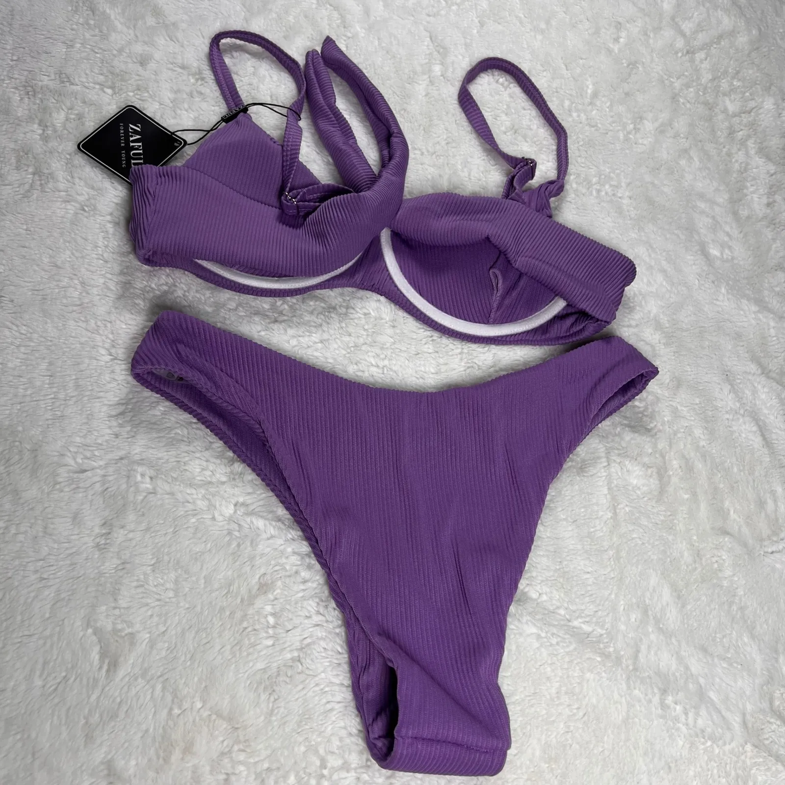 Zaful Purple Ribbed Underwire Bikini Set Swimsuit Bra Top High Cut Bottom Size 6 - Image 2