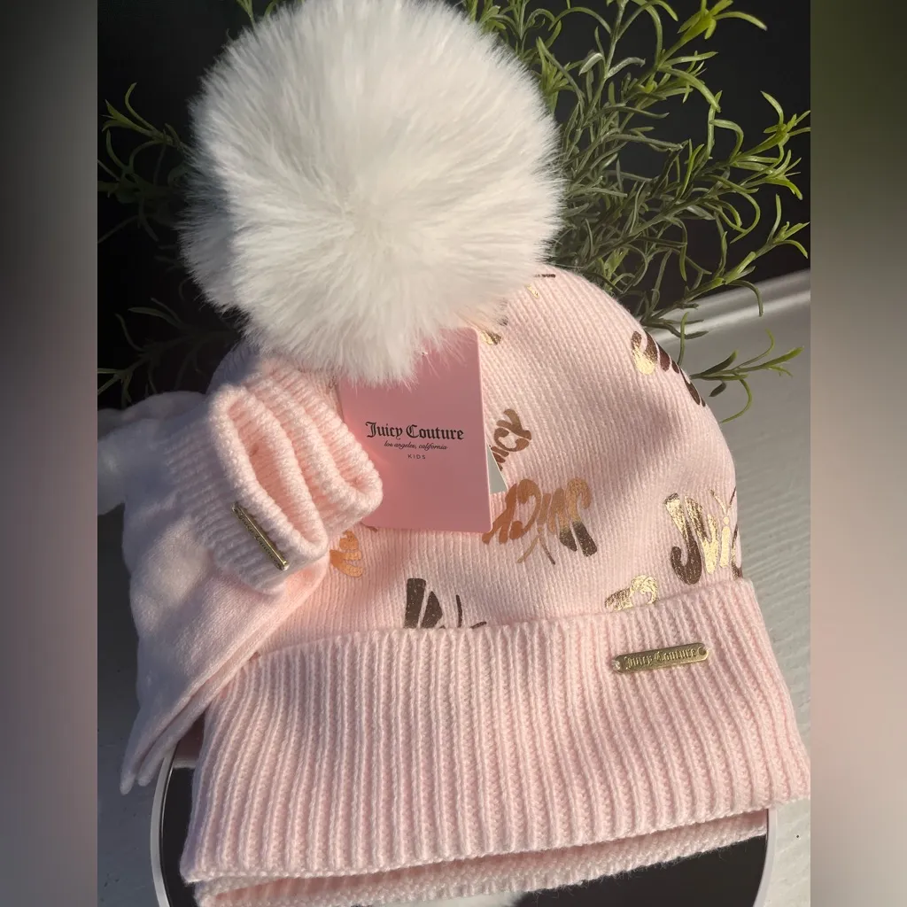 Juicy Couture Baby Pink Beanie Pom Pom and Gloves Set New With Tags - Image 2