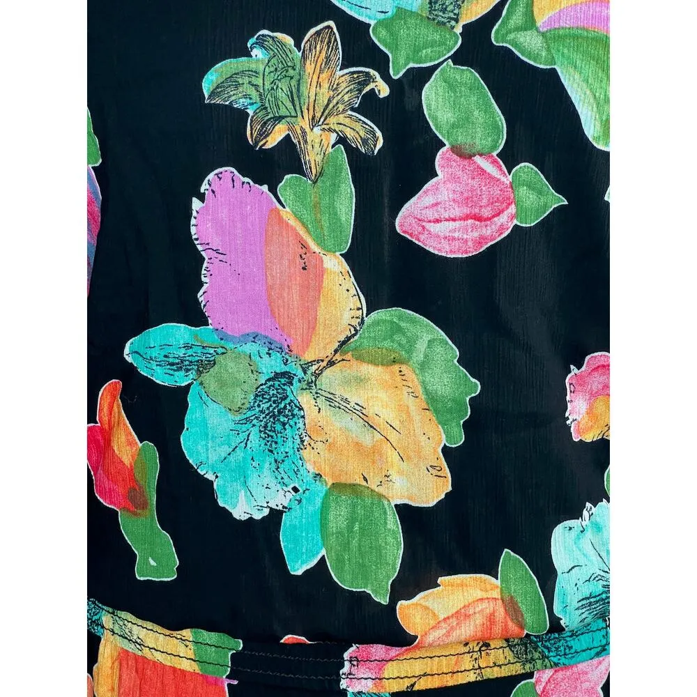 dress blouson floral bright orange green yellow shoulder pads Size 4 - Image 3