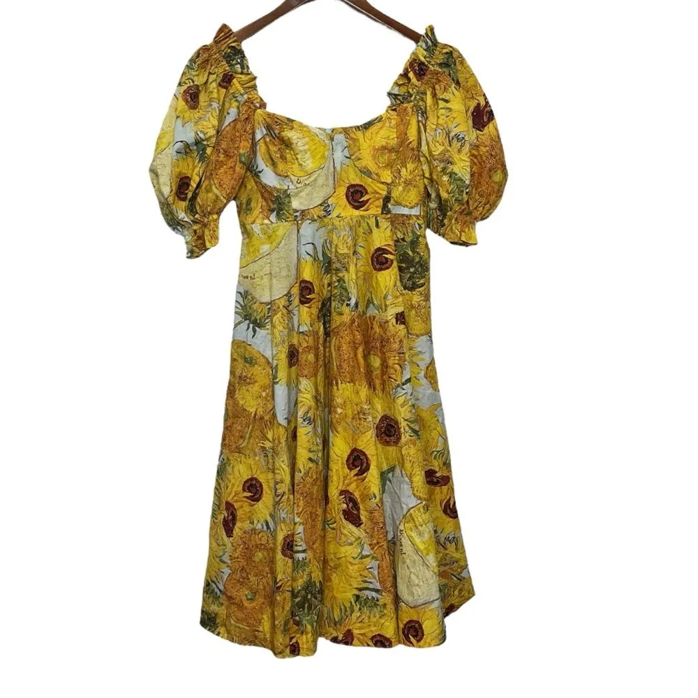 Selkie Tea Rose Dress Women’s Small Yellow Sunflower Cotton Puff Sleeve Midi - Image 5