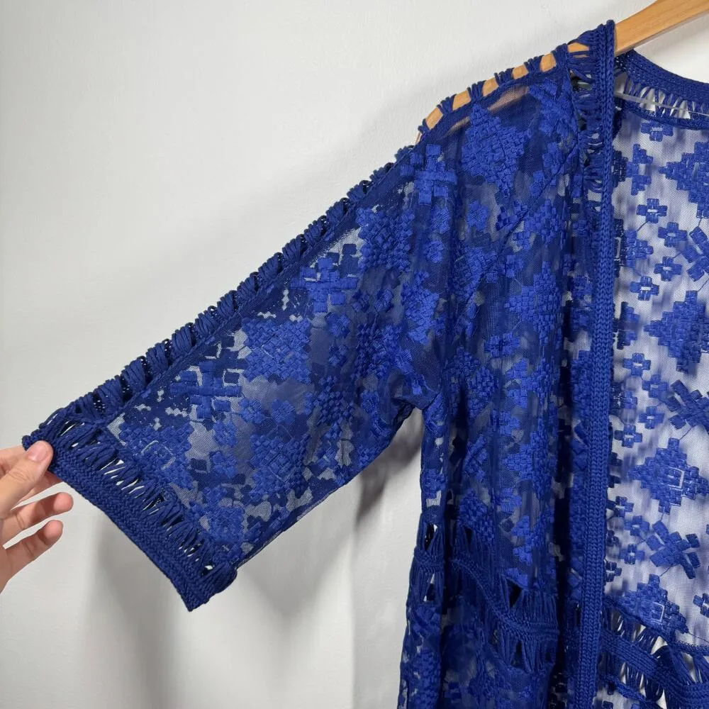 Chico's Kimono Women S Blue NWT Crochet Fringe Semi Sheer Open Front Cover Boho - Image 3