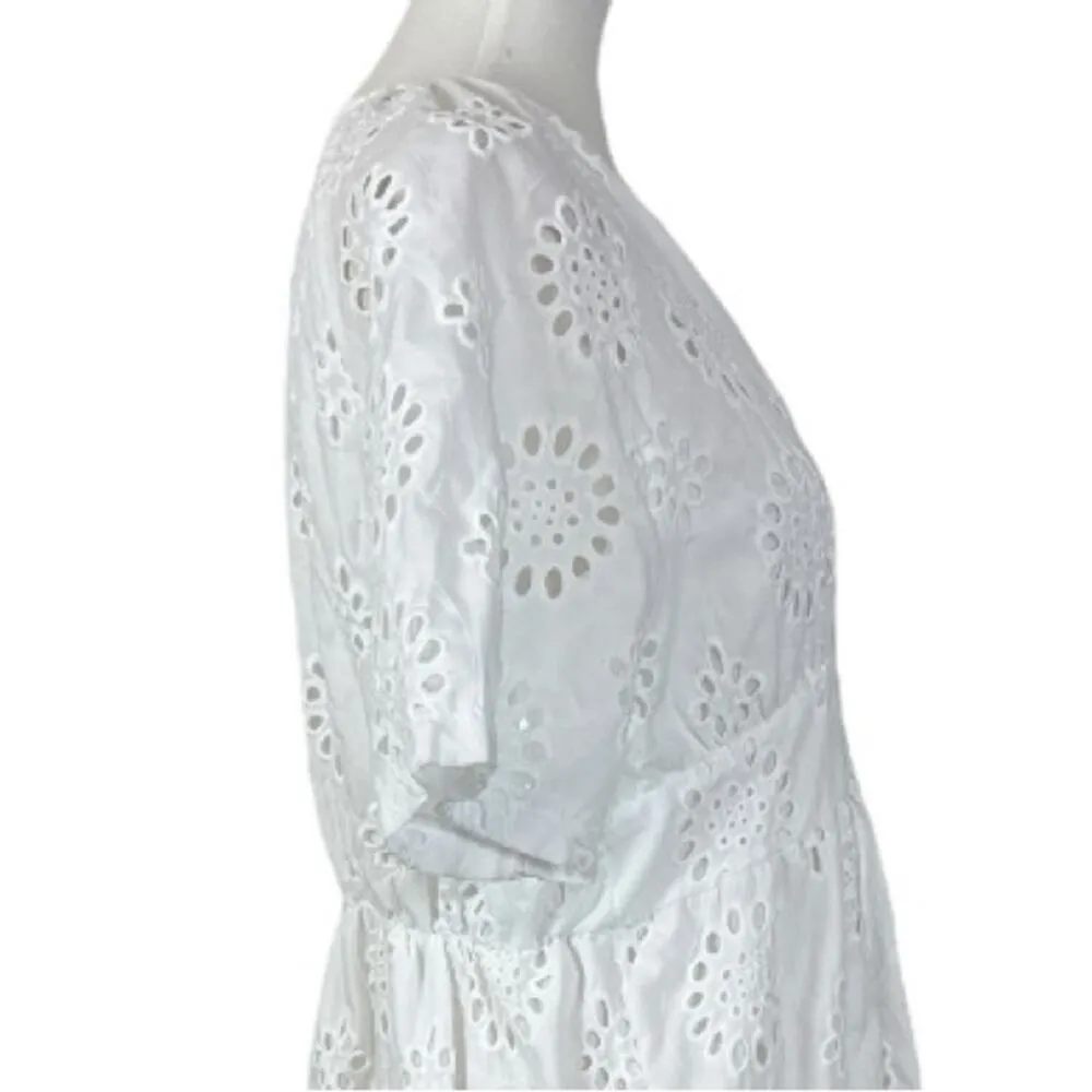 White Eyelet Lace Midi Dress Hight Waist V - Image 7