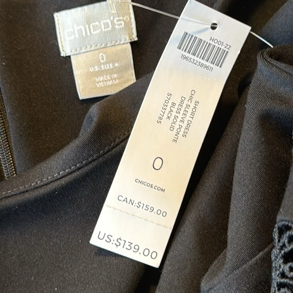 Chicos NWT Black Lace Ponte Balloon Sleeve Sheath Dress Size 4 Stretch Midi - Image 9