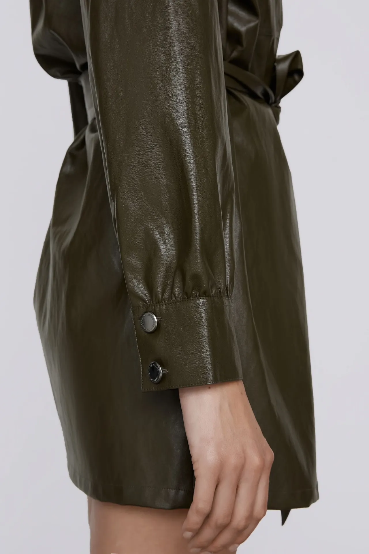 Khaki Faux Leather Button Down Mini Dress - Image 8