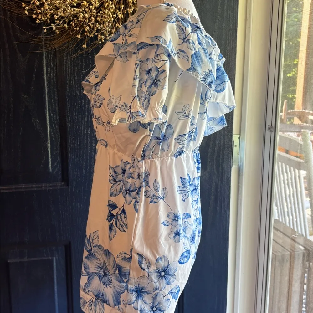 SHEIN Blue and White Asymmetrical Ruffled Romper - Image 5