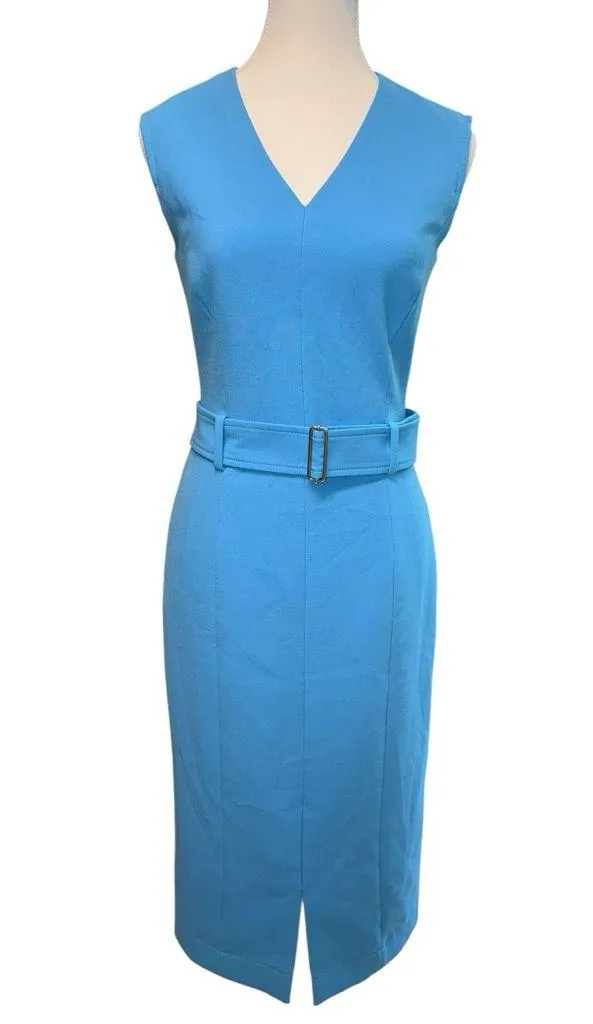 Hugo Boss Women’s “Dadorina” Bright Blue V-Neck Belted Sleeveless Pencil Dress - Image 4