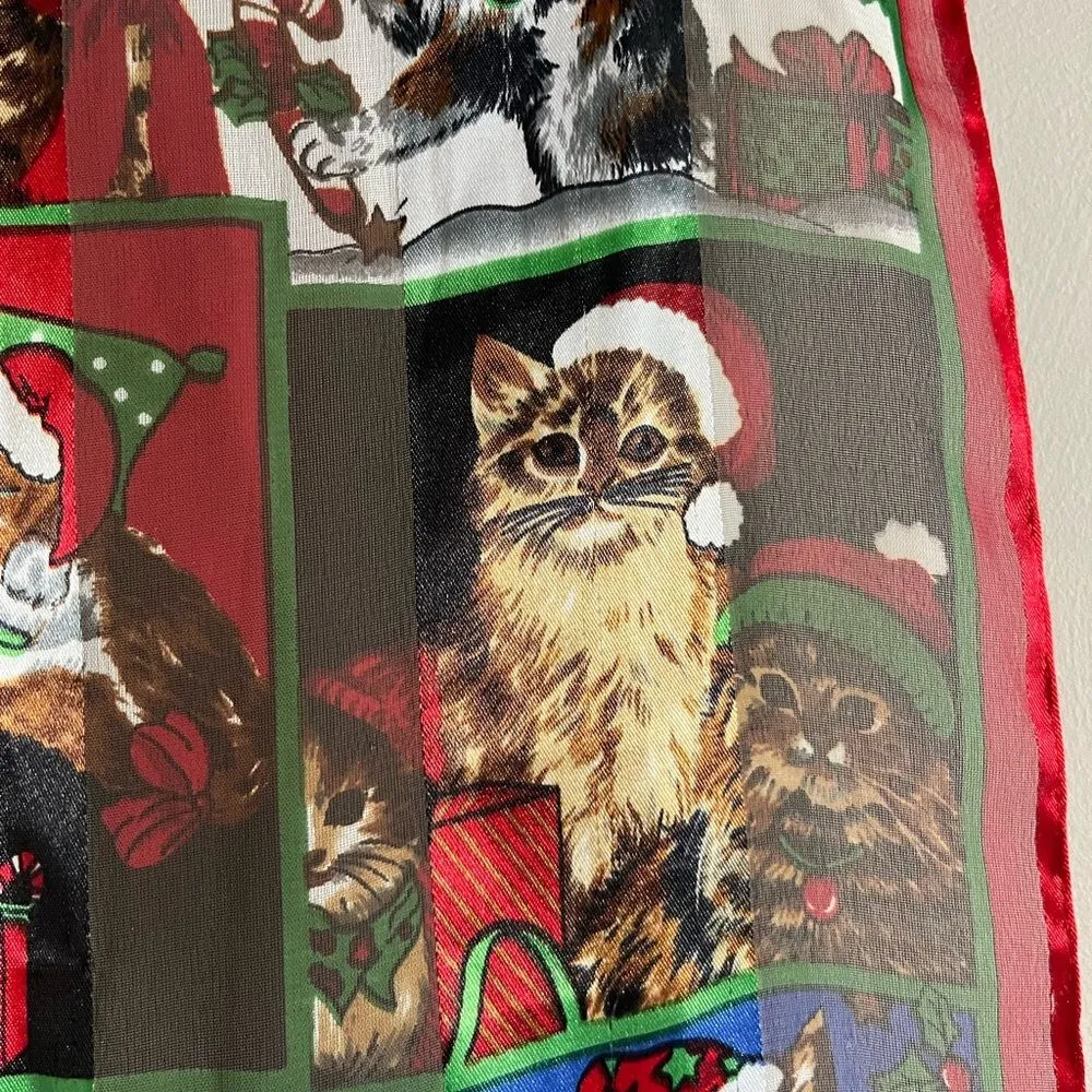 Vintage Christmas Cat Scarf Sheer Red Green Holiday Kitty Print Accessory - Image 5