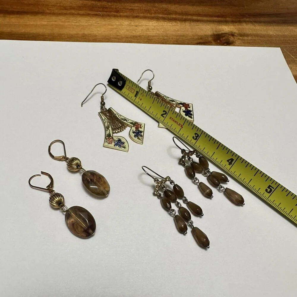 Lot Of 3 Dangle Drop Pierced Earrings 2 Beaded & 1 Cloisonné Enamel Style - Image 5