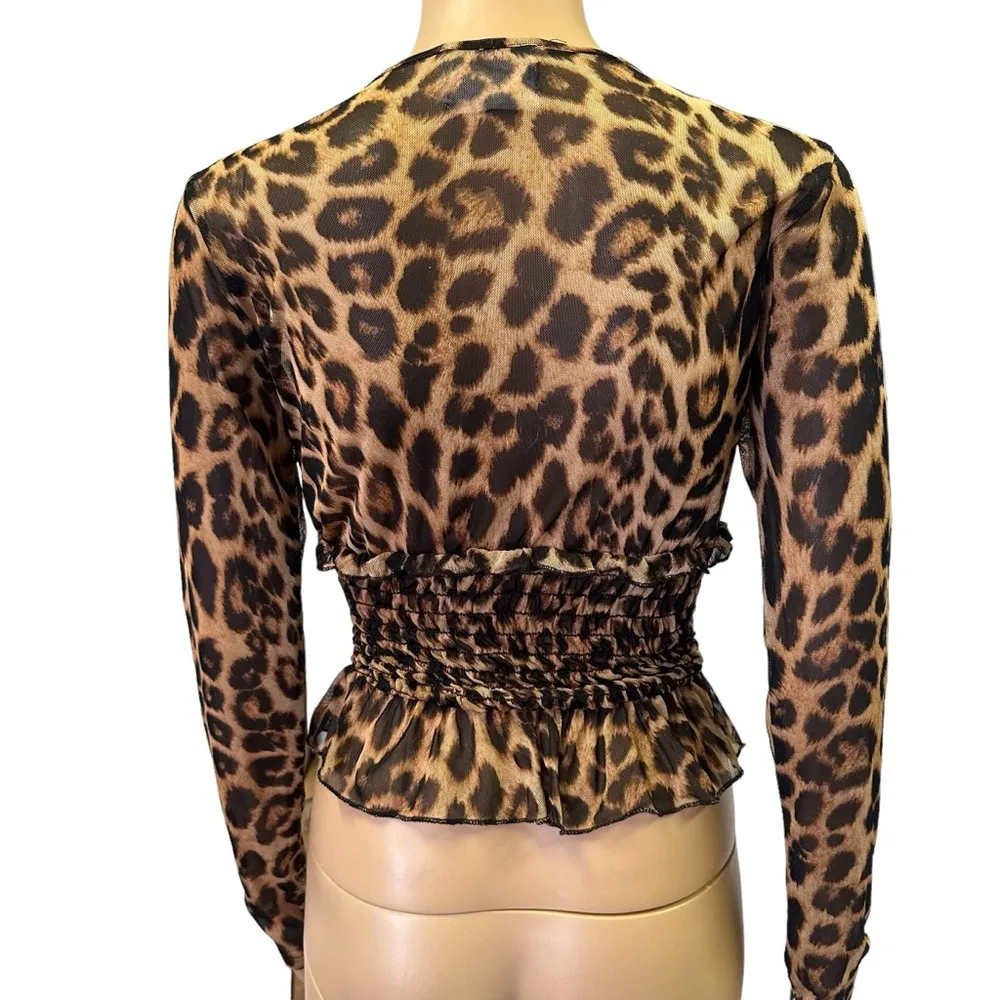 Skonhet Corset Waist Leopard Animal Print Semi Sheer Stretch Long Sleeve Top M Tan Size M - Image 3