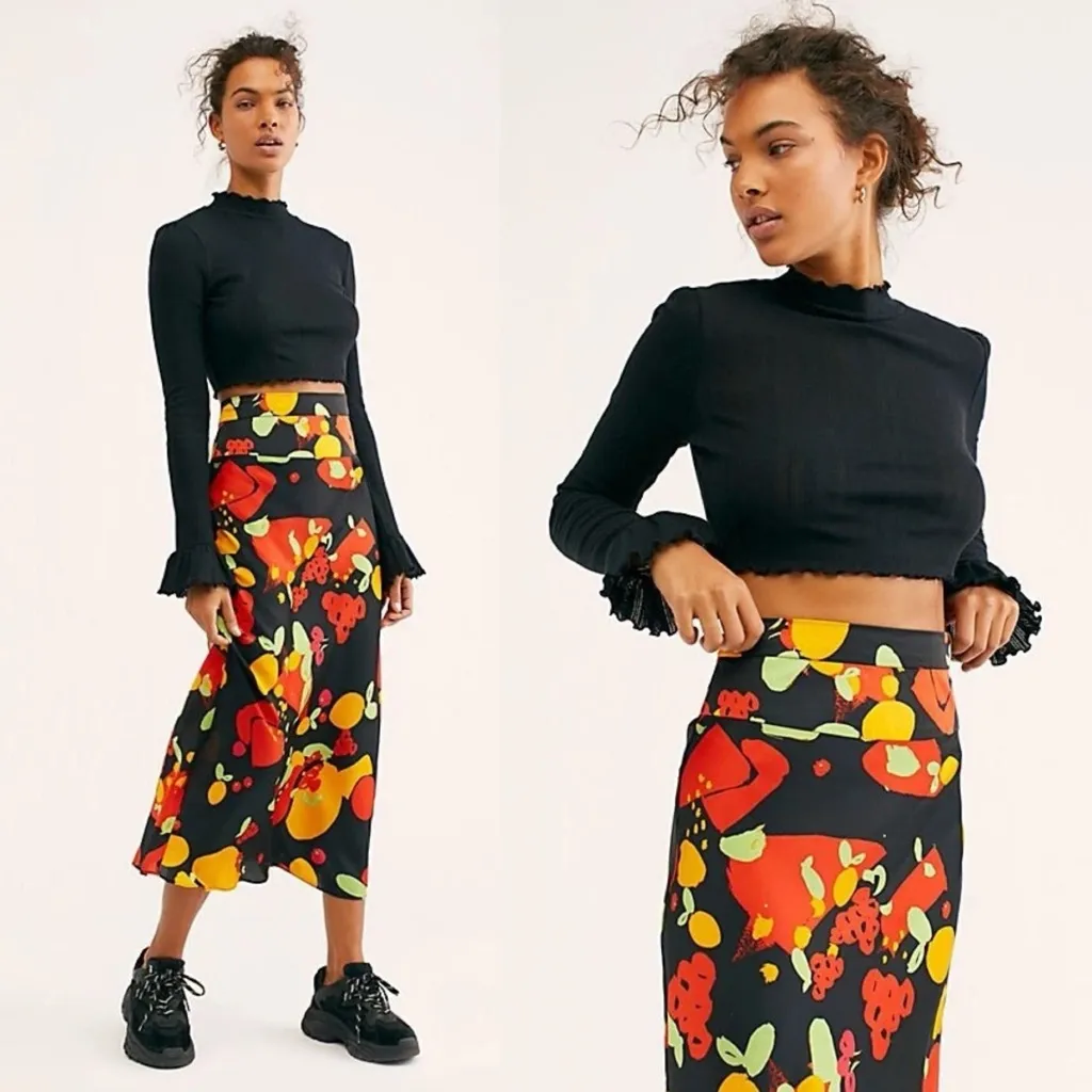 Free People Normani Bias Printed Satin Midi Skirt 0 Fruity Pop Black High Waist - Image 2