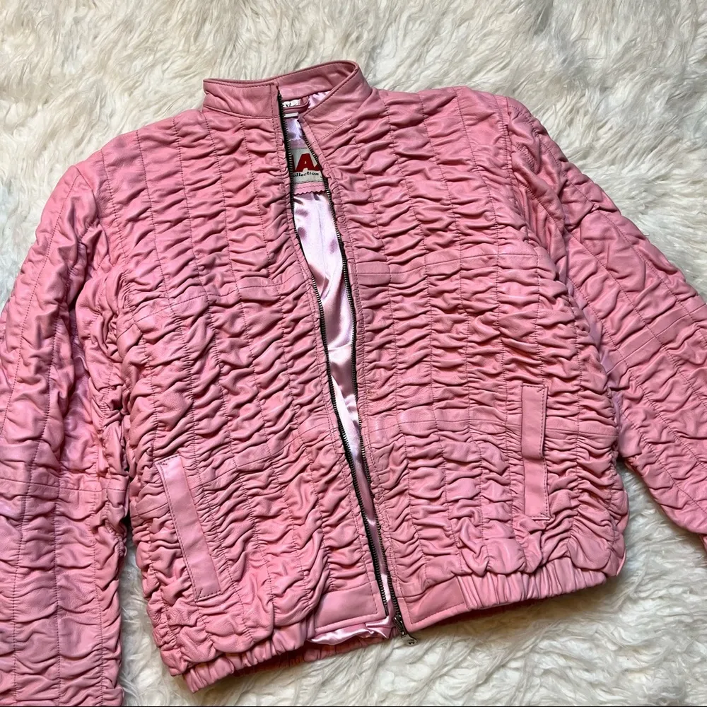 Leather Bubblegum Pink Textured Leather Jacket - Image 3