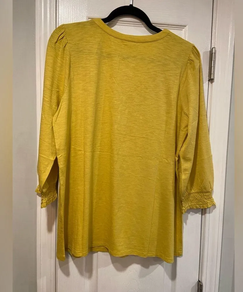 NWT J. Jill Size L Marigold Yellow 3/4 Smocked Sleeve Henley Top Pearl Buttons Gold Size L - Image 8