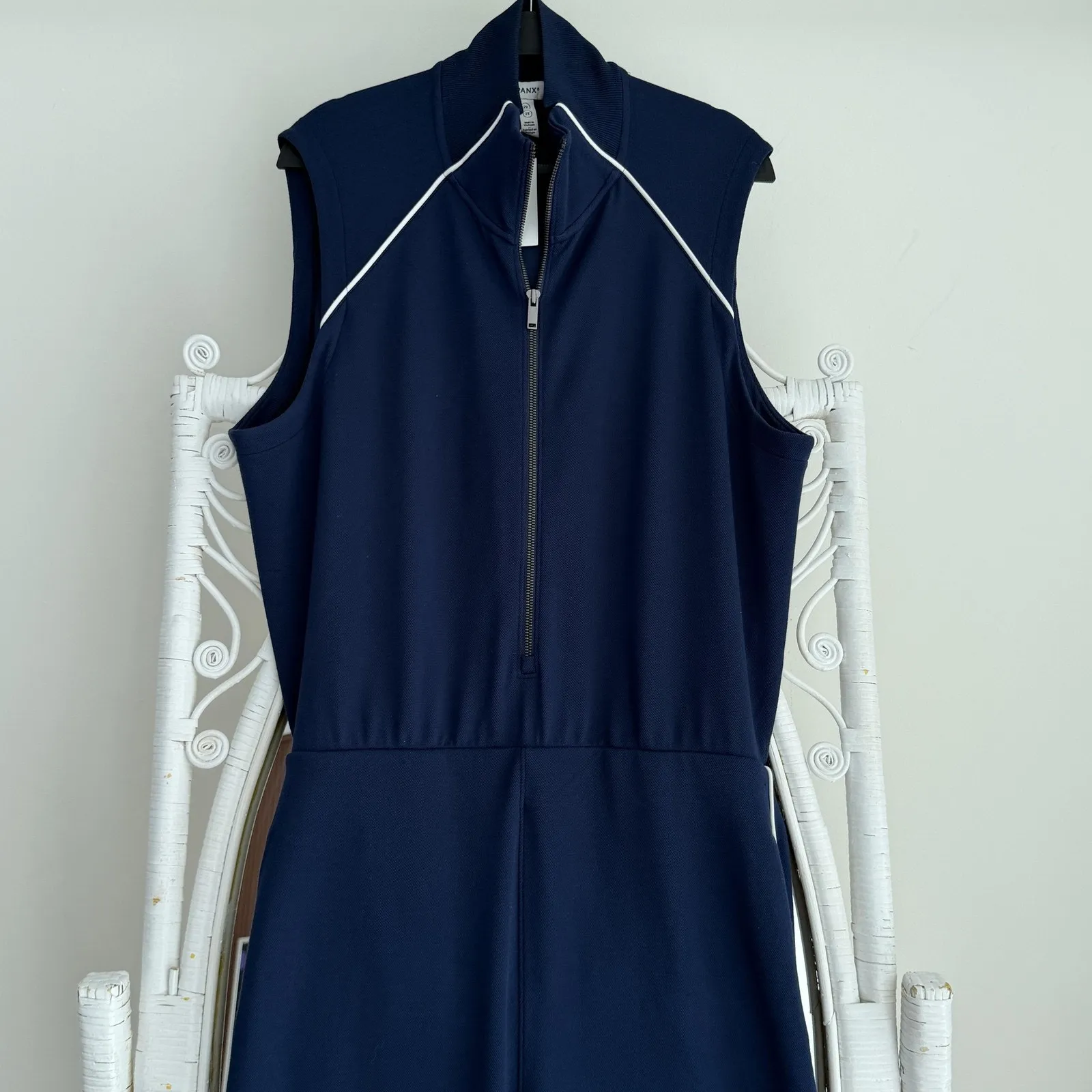 Spanx AirEssentials Pique Jumpsuit Womens 2X Navy Zip Mock Neck Wide Leg Cut Out - Image 2