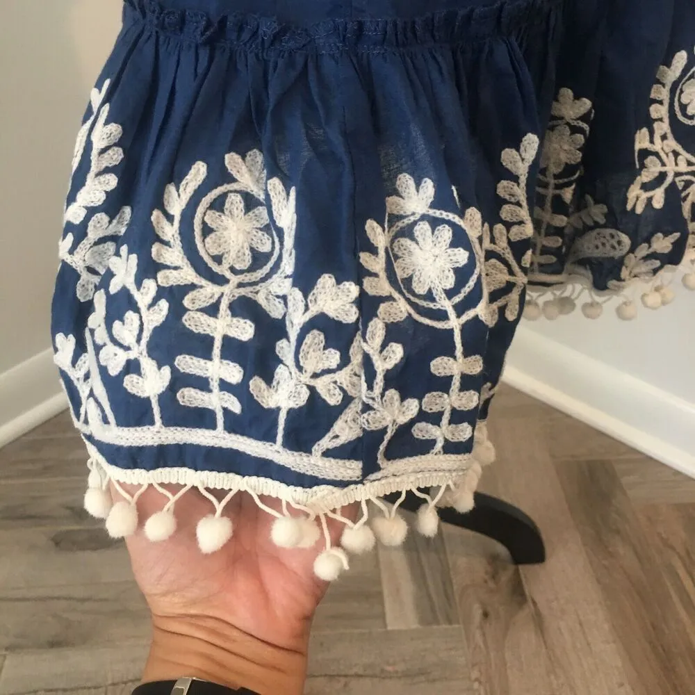 DEBBIE KATZ Boho Blue Off Shoulder Embroidered Pompoms Tassels Dress Cover Up S - Image 6