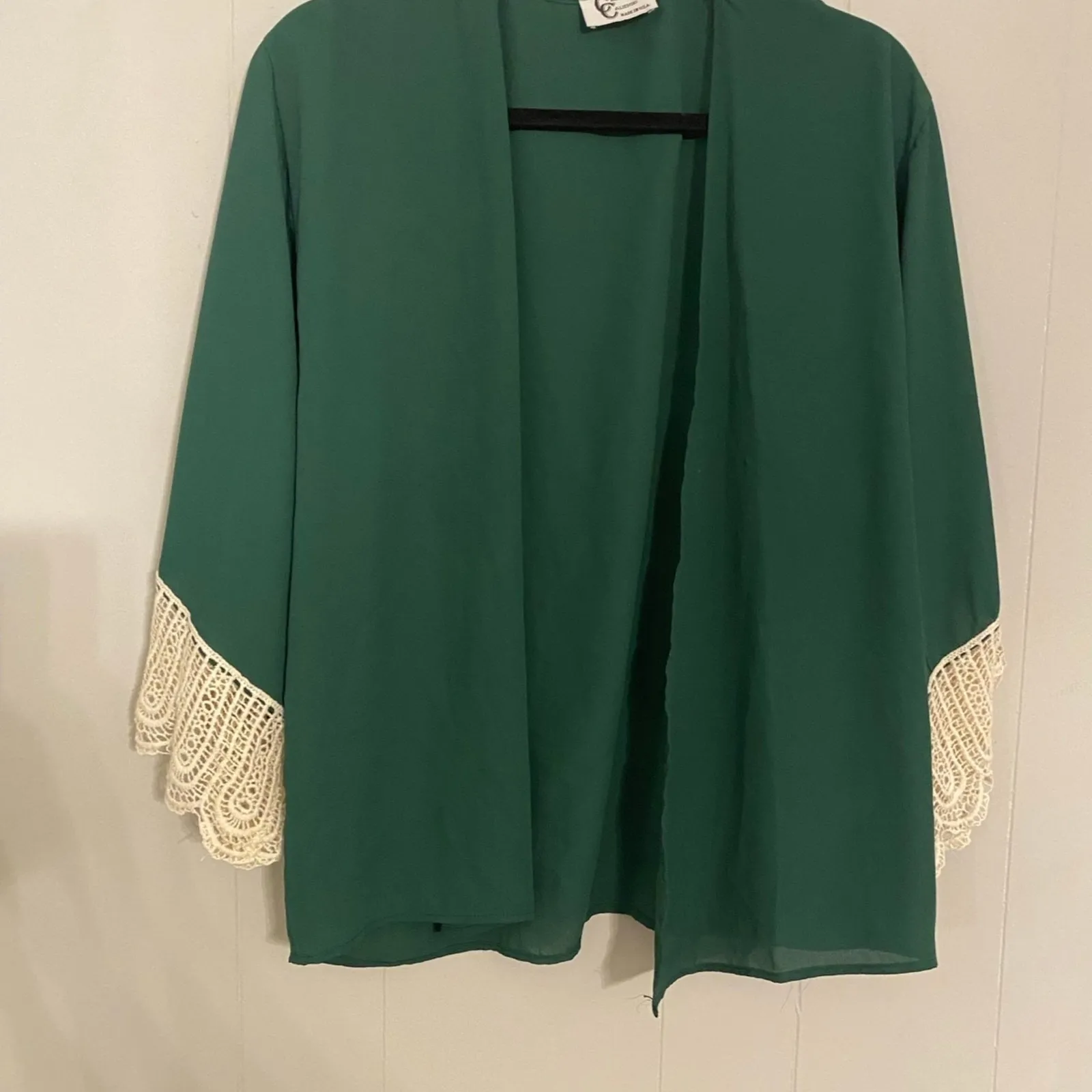 Christian Caliendo Flounce Lace Sleeve Chiffon Cardigan Shrug Emerald Green Med - Image 1