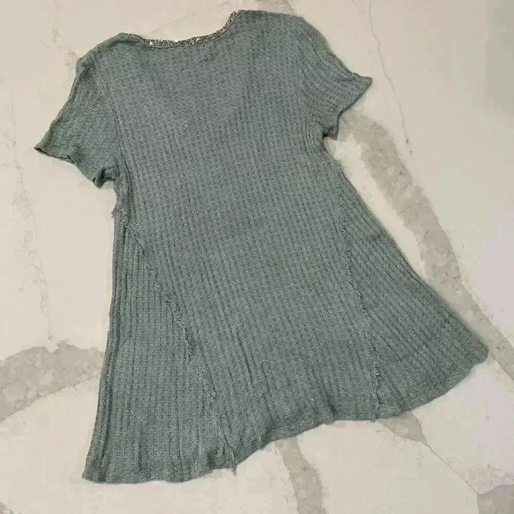 JUICY COUTURE Waffle Metallic Embellished V-Neck T-Shirt Mint Green Womens Small - Image 5