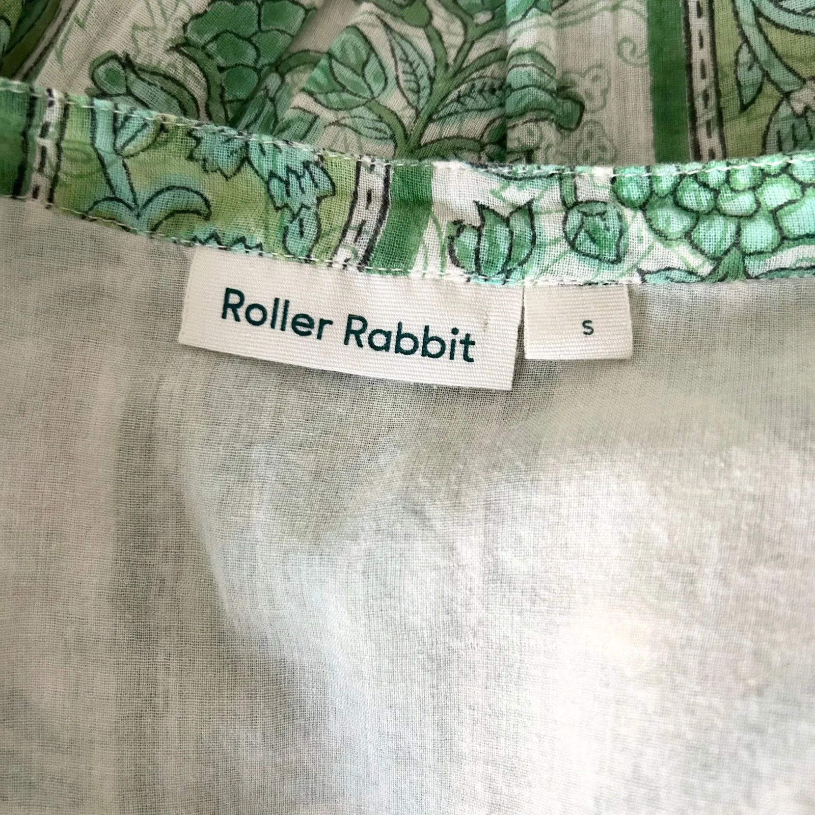 Roller Rabbit Tasseled Abstract Caftan Cover Up Dress Green White Floral Small - Image 5