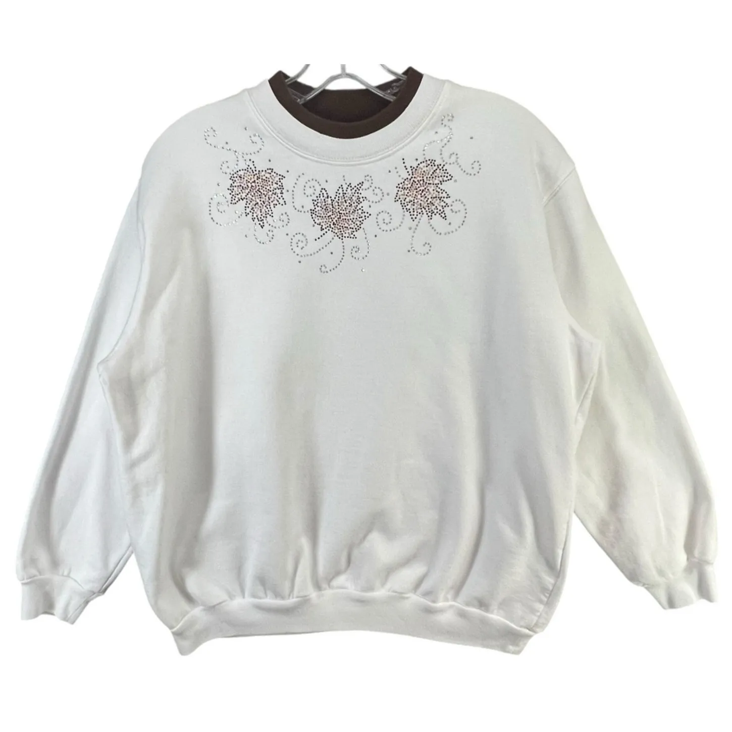 Morning Sun Top Stitch Y2K Sweatshirt Petite M Beaded Fall Leaves Granny Cottage White Size undefined - Image 1
