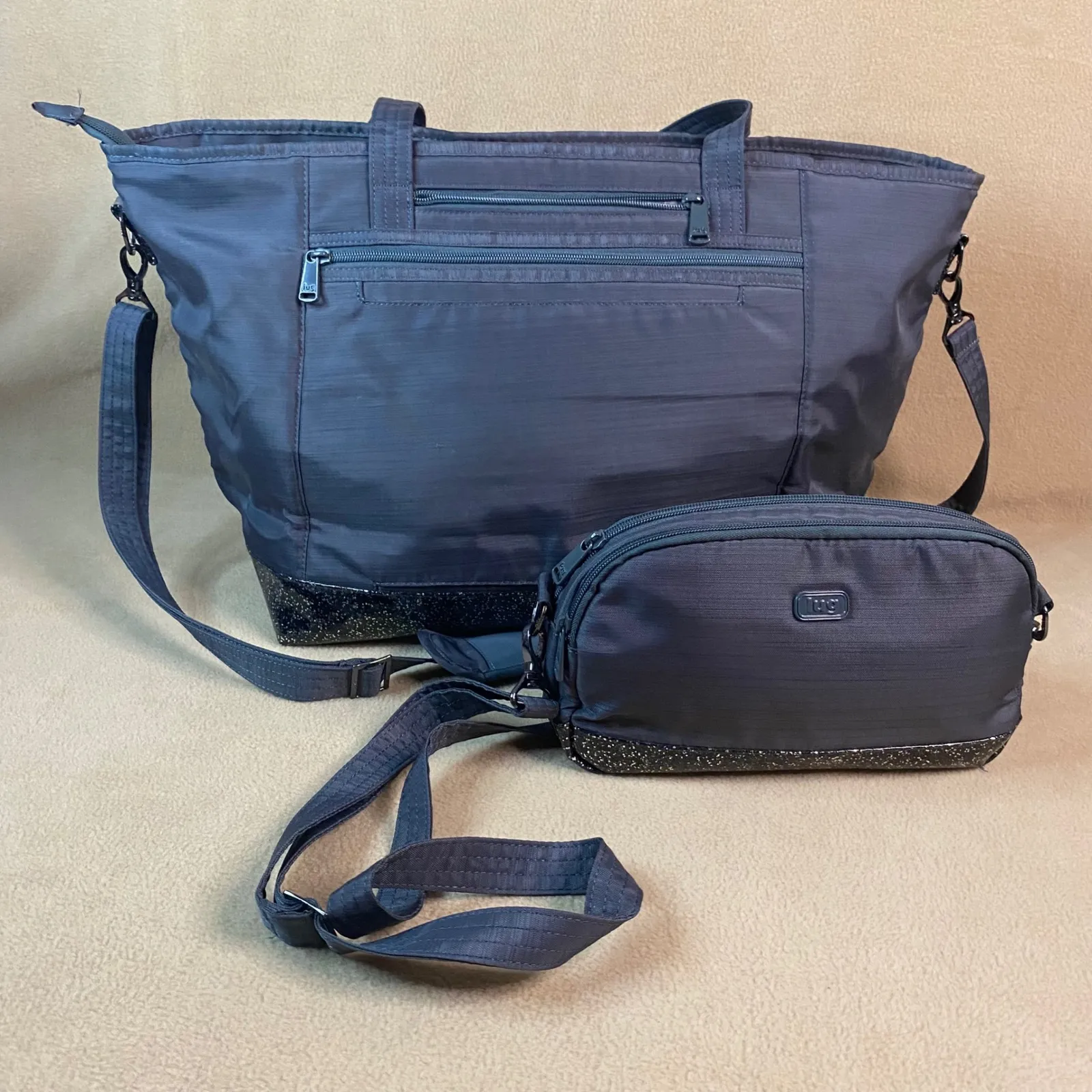 Lug Avion & Punter Quilted Tote Bag Set Sparkle Bottom Gray Travel Weekender EUC - Image 2