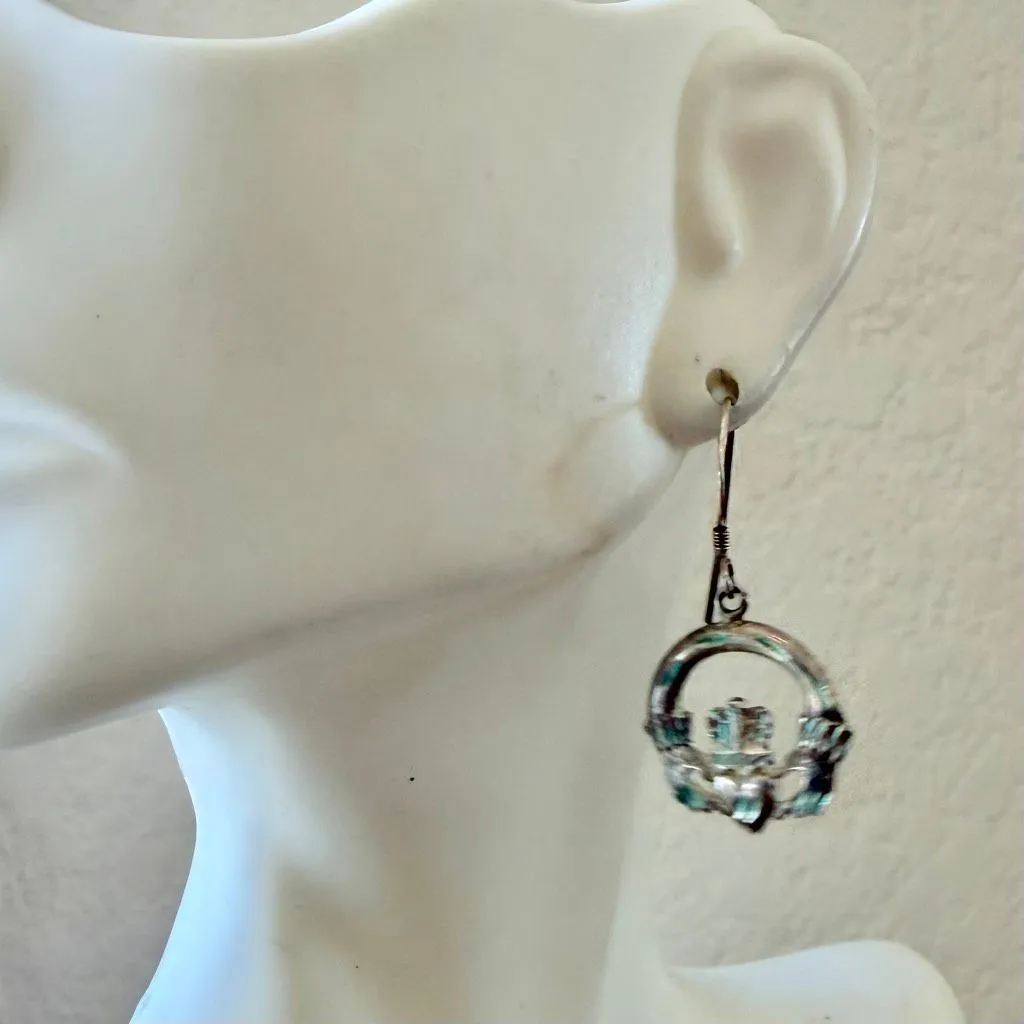 Sterling Silver Claddagh Dangle Earrings Green Inlay Irish Celtic - Image 5