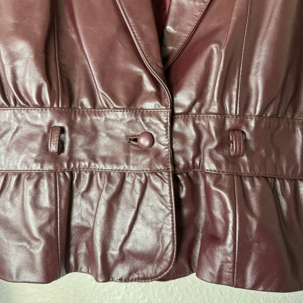 Wilsons Vintage Burgundy Leather Puff Shoulder Fitted Leather Jacket Size 12 - Image 4